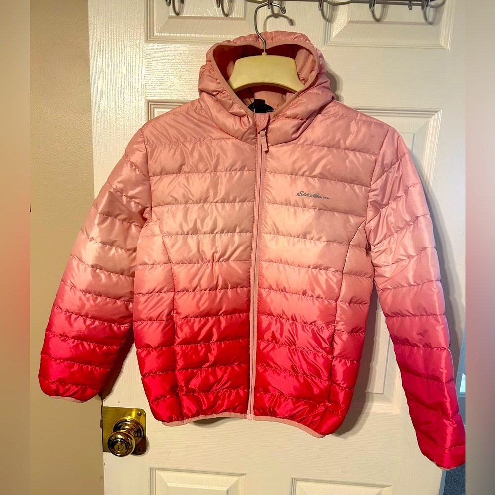 Girls Eddie Bauer Puffer Jacket, Pink Ombré Pattern, Size 14/L, Like New